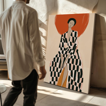 Modern Figurative Canvas Wall Art Set of 3 Women Portrait Prints Bold Checkered Fashion Illustrations for Living Room or Bedroom