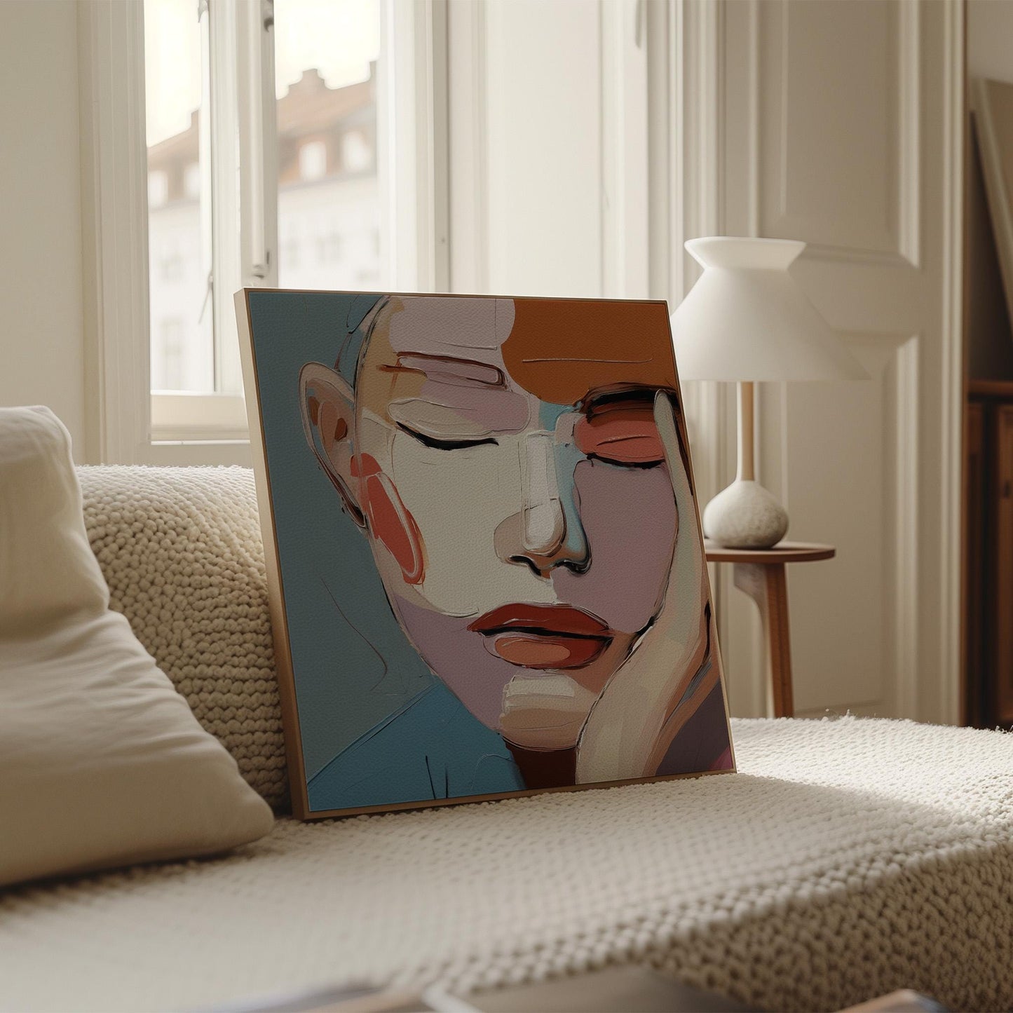 Abstract Face Wall Art - Modern Canvas Portrait With Floating Wood Frame