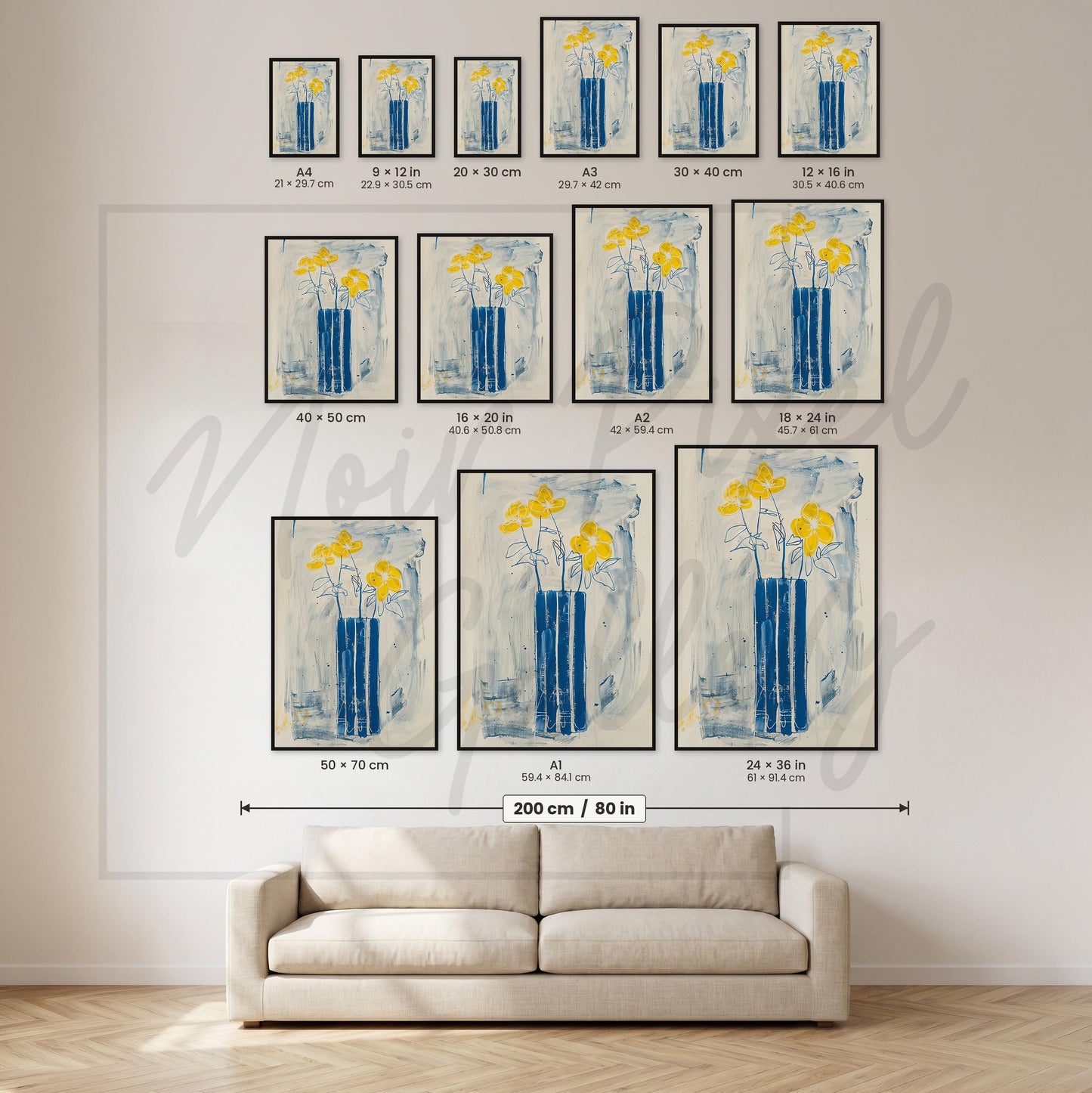Floral Wall Art Print – Yellow Flower Print with Blue Vase Poster, Abstract Botanical Art