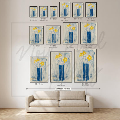 Floral Wall Art Print – Yellow Flower Print with Blue Vase Poster, Abstract Botanical Art