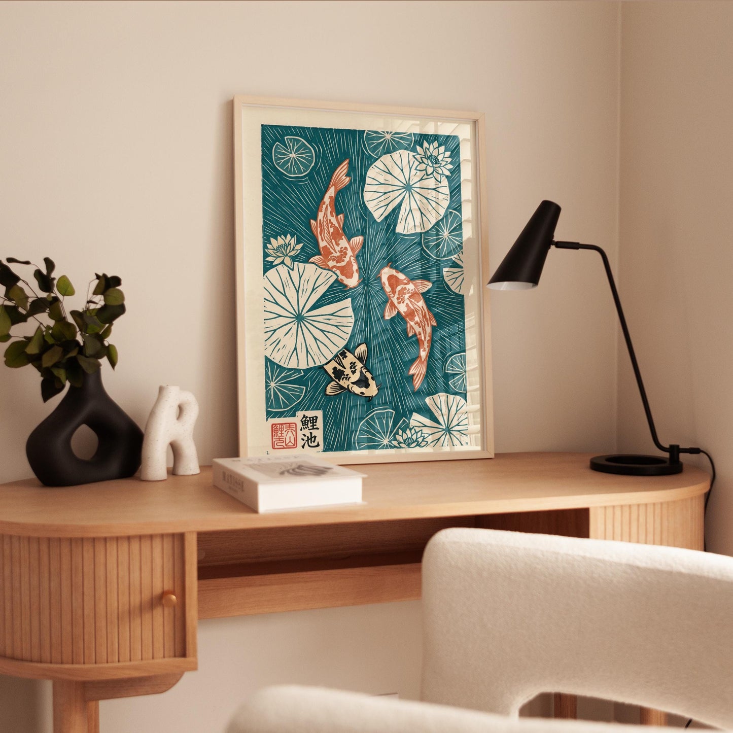 Japanese Koi Fish Print Linocut Poster – Lotus Pond Art with Vibrant Colors
