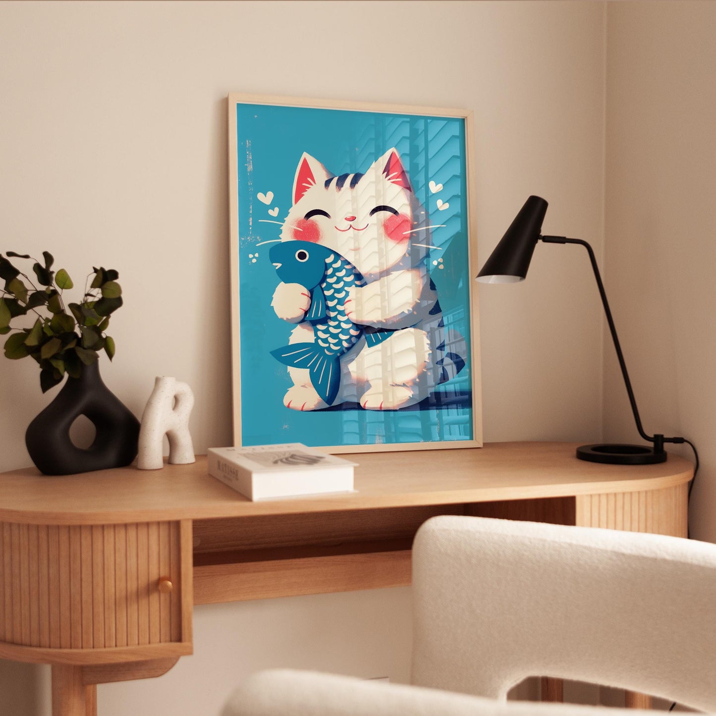 Maneki Neko Print – Japanese Lucky Cat Art With Blue Fish For Nursery Decor