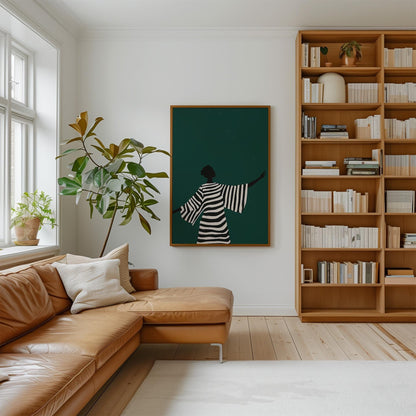 Minimalist Canvas Wall Art Black and White Woman Silhouette in Striped Dress Modern Large Print for Living Room or Bedroom