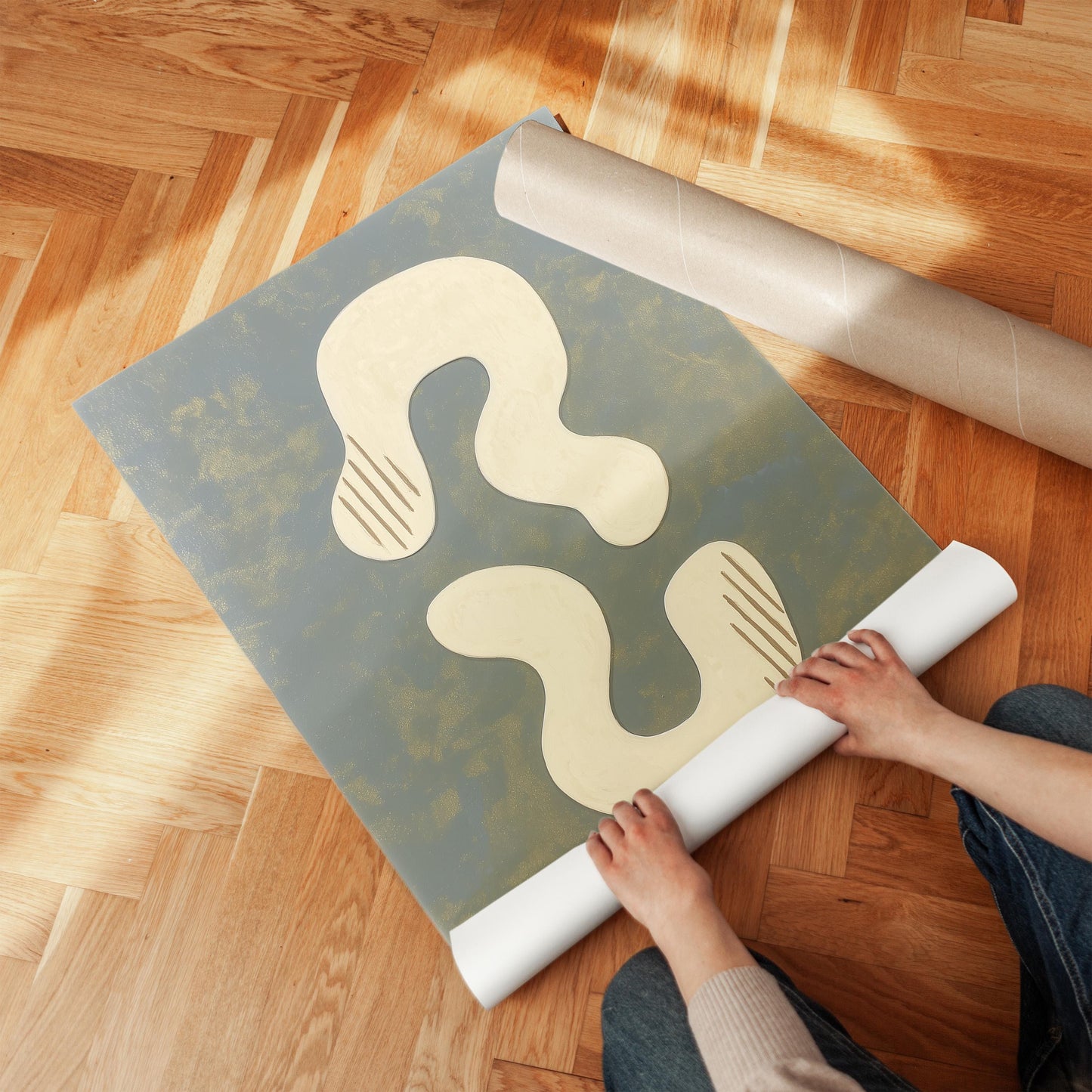 Abstract Blue and Beige Giclée Canvas Print with Soft Organic Shapes Modern Art for Minimalist Living Room or Studio Decor