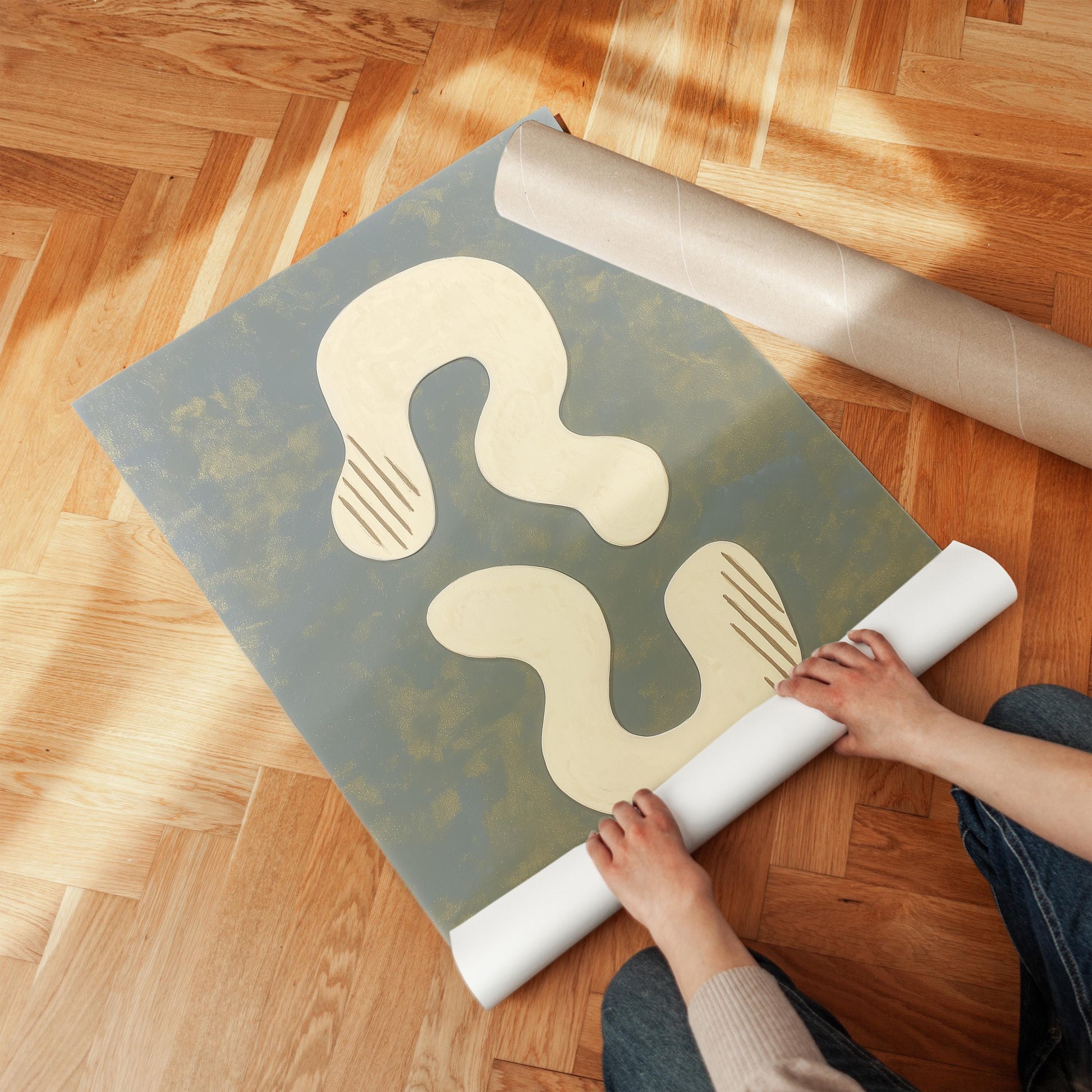 Abstract Blue and Beige Giclée Canvas Print with Soft Organic Shapes Modern Art for Minimalist Living Room or Studio Decor