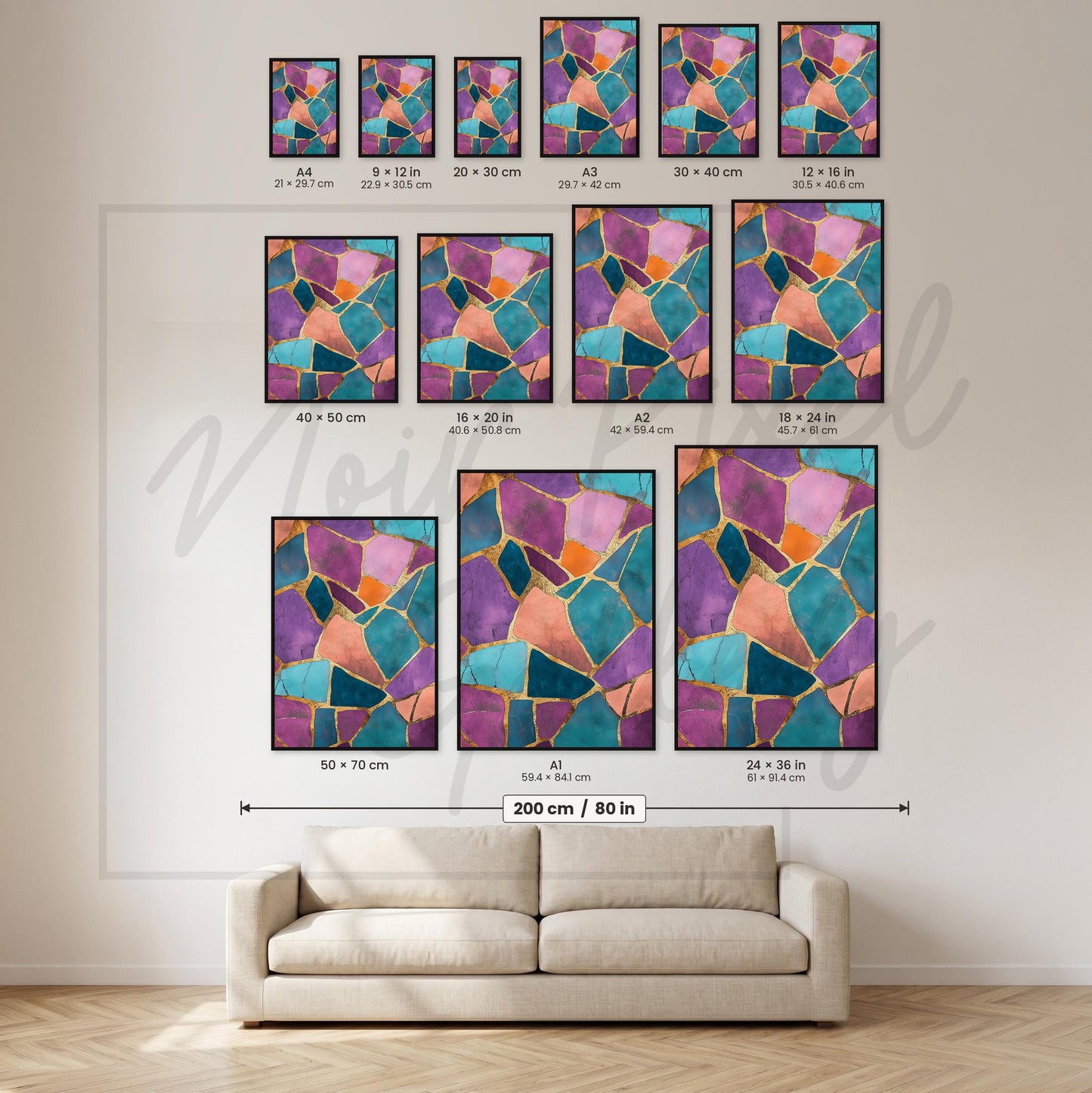 Abstract Wall Art Print - Jewel Tone Wall Art with Gold Geometric Design