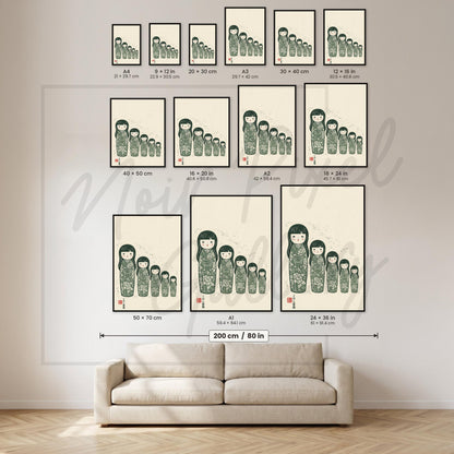 Japanese Folk Art Print | Vintage Japanese Print with Floral Kimono Pattern & Kokeshi Dolls