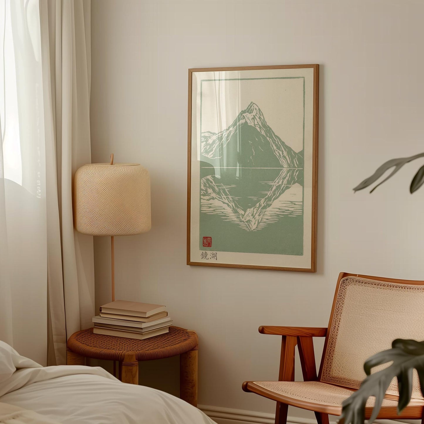 Japanese Woodblock Print - Mountain Wall Art | Sage Green Poster for Zen Home Decor