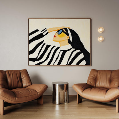 Stylish Woman in Striped Sweater Giclée Canvas Print Modern Fashion Wall Art for Living Room or Bedroom