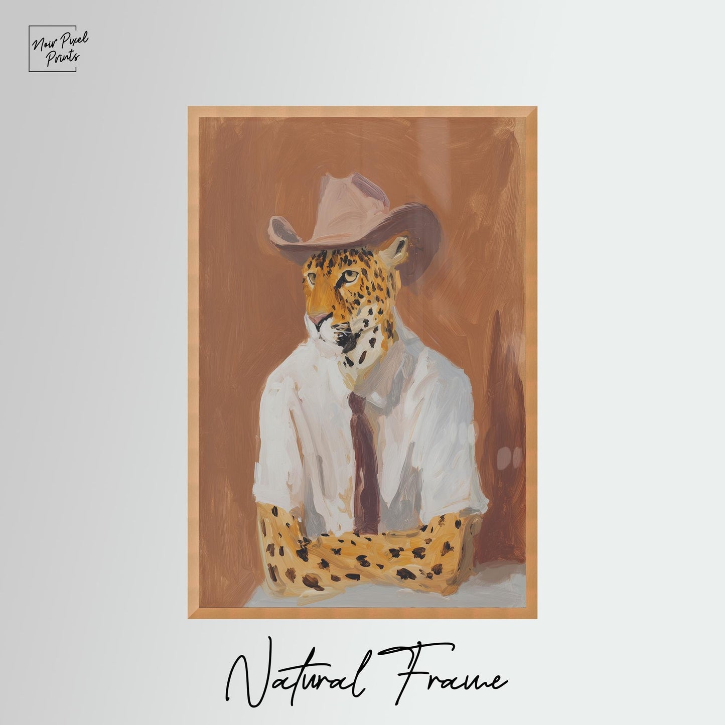 A painting of a leopard wearing a cowboy hat and a white shirt, set against a brown background.