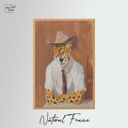 A painting of a leopard wearing a cowboy hat and a white shirt, set against a brown background.