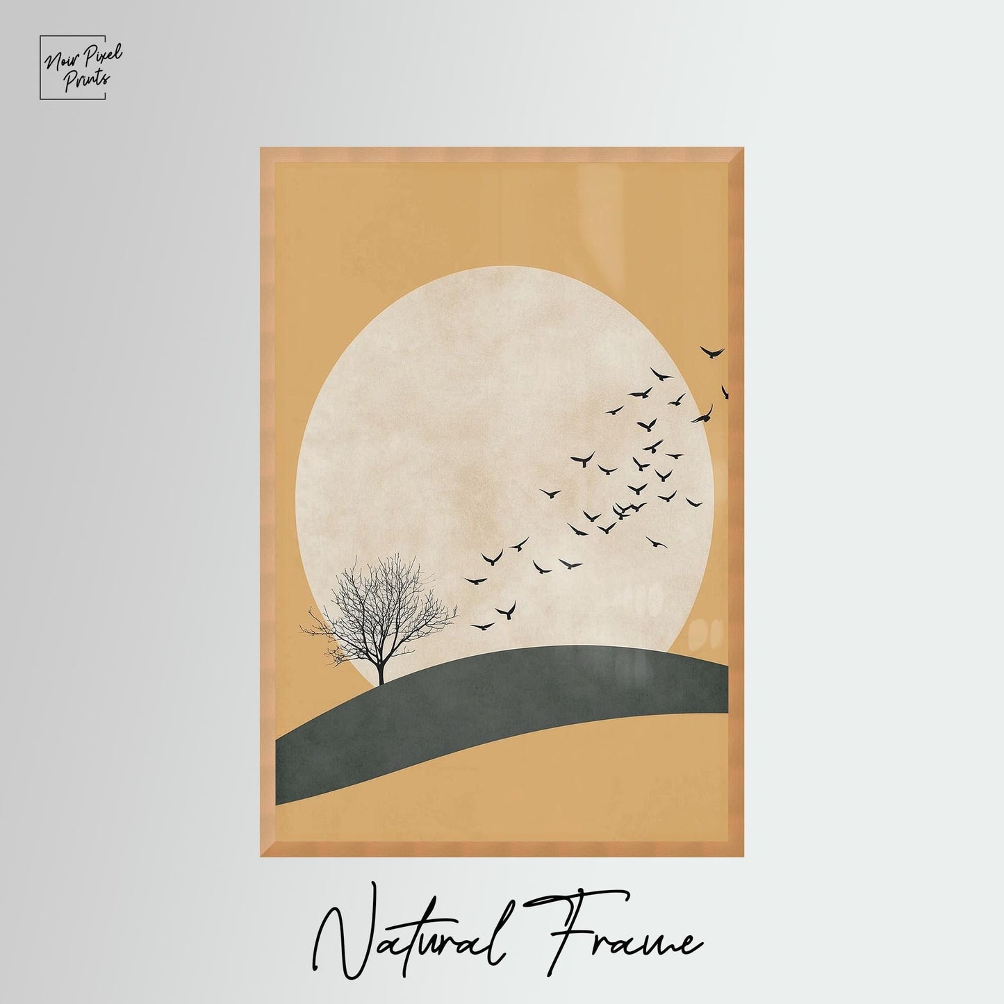 Japandi Wall Art | Yellow Sun Artwork With Flying Birds Canvas - Minimalist Decor