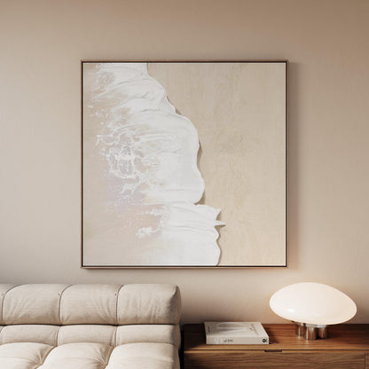 Ocean Wave Canvas Art – Textured Beige Japandi Wall Decor With Floating Wood Frame
