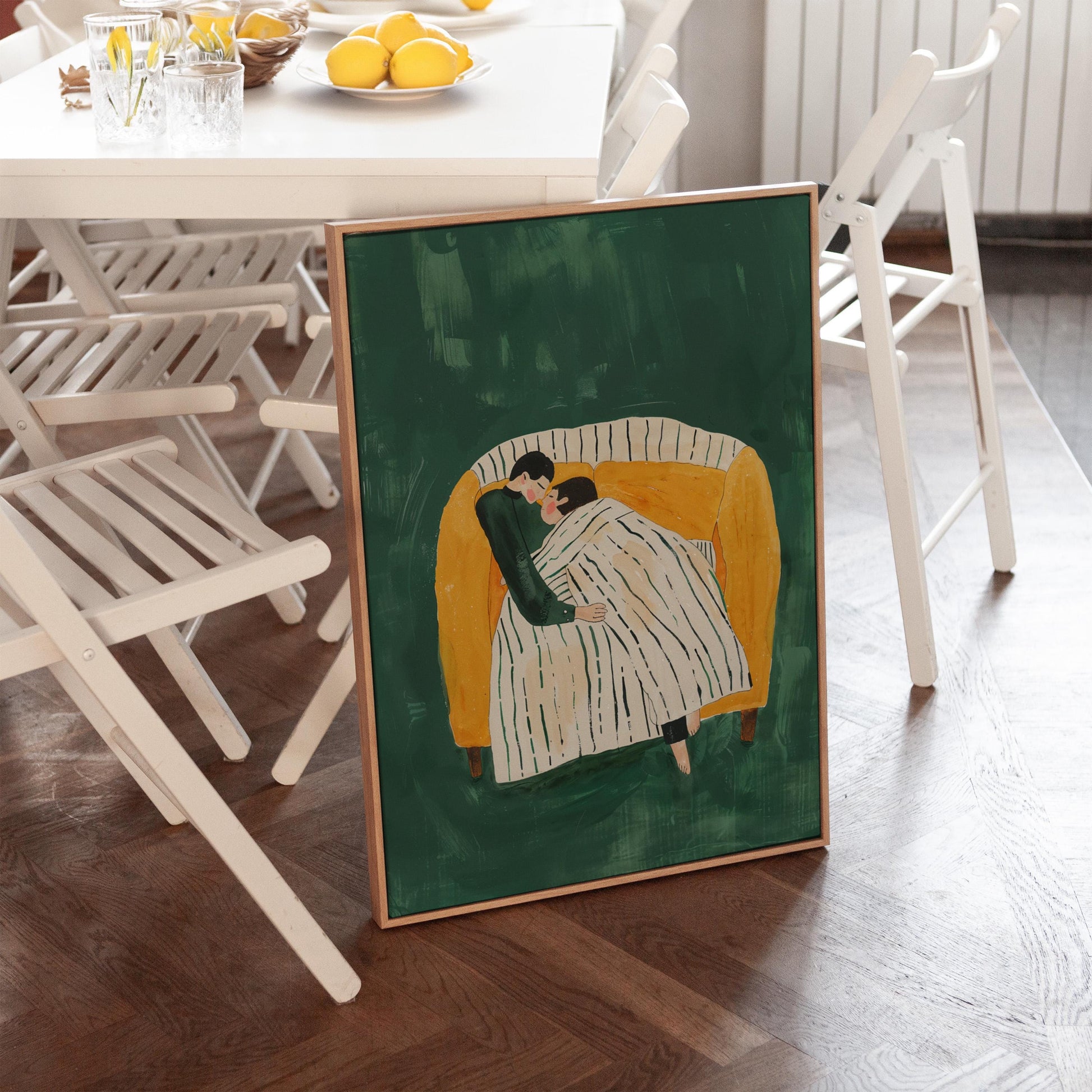 Figurative Canvas Wall Art Couple Embracing on Sofa with Striped Blanket Green Background Frame