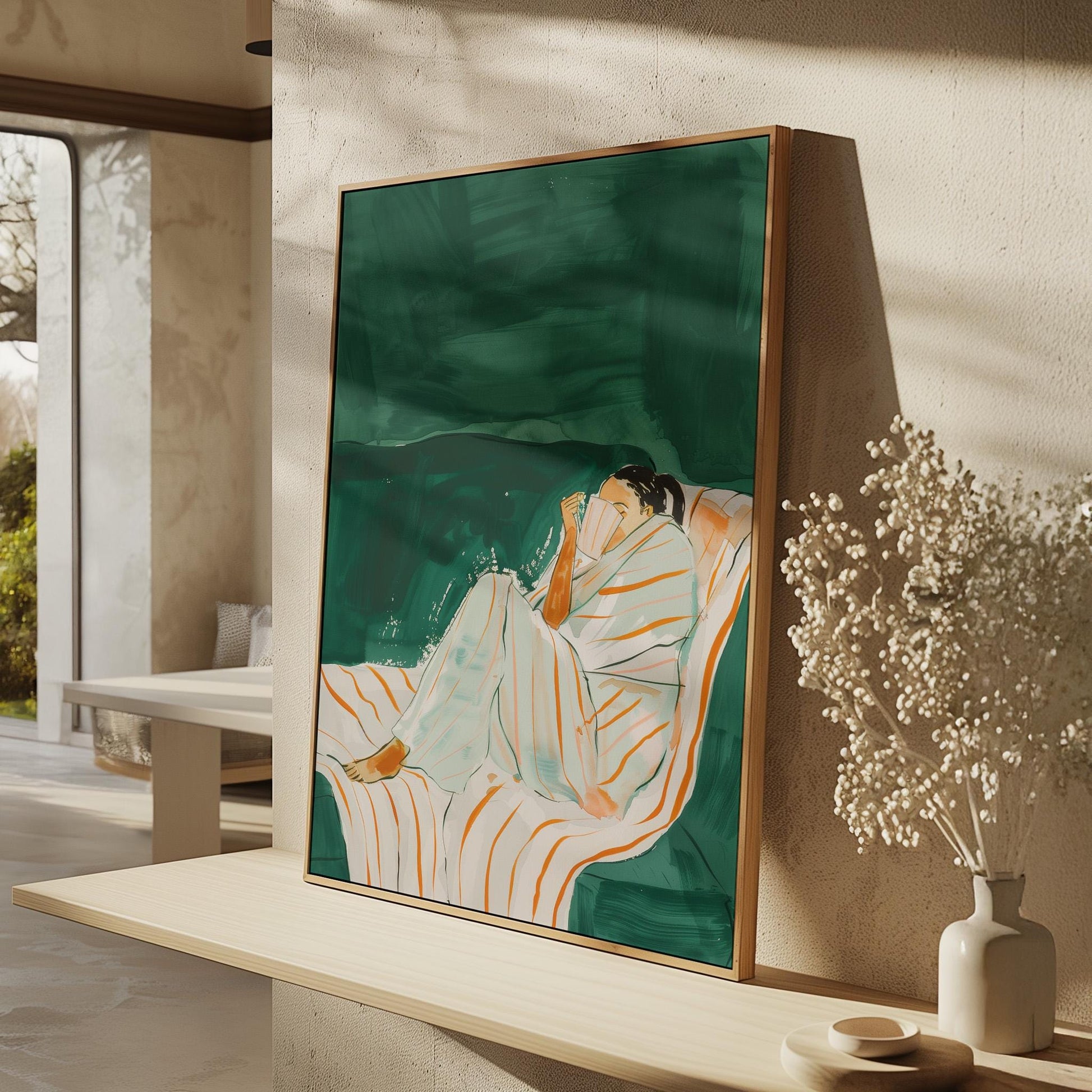 Woman Reading Wall Art Modern Canvas Print Relaxing Green Striped Chair Minimalist Home Decor for Bedroom Living Room