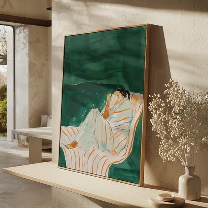 Woman Reading Wall Art Modern Canvas Print Relaxing Green Striped Chair Minimalist Home Decor for Bedroom Living Room