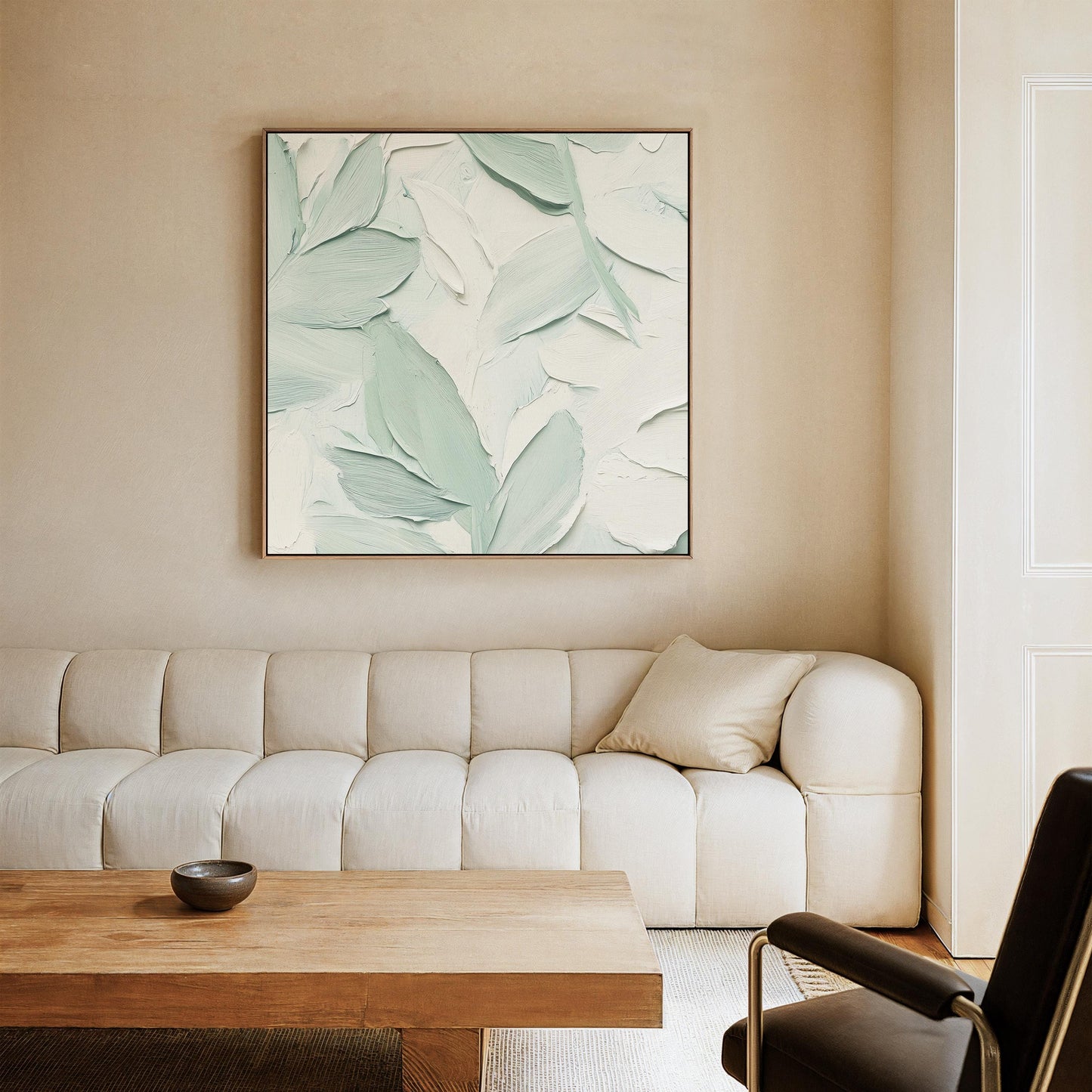 Sage Green Canvas Art – Minimalist Botanical Wall Art with Floating Wood Frame