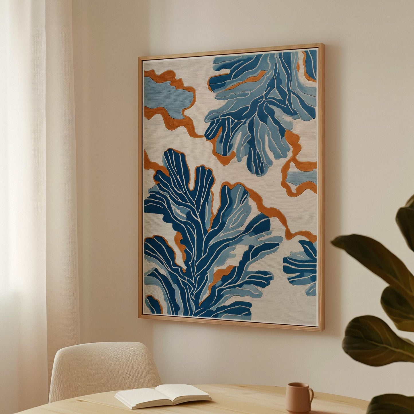 Blue Botanical Abstract Canvas Wall Art with Floating Frame Modern Nature Inspired Print for Living Room or Bedroom