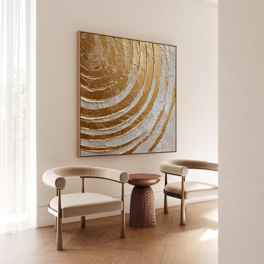 Gold and White Square Textured Canvas Wall Art with Floating Frame Modern Extra Large Painting