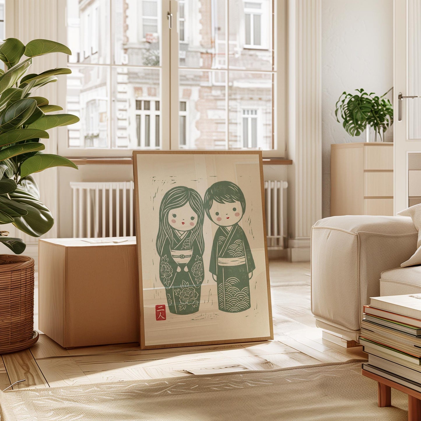 Japanese Kokeshi Dolls Print - Minimalist Nursery Decor | Linocut Style Art