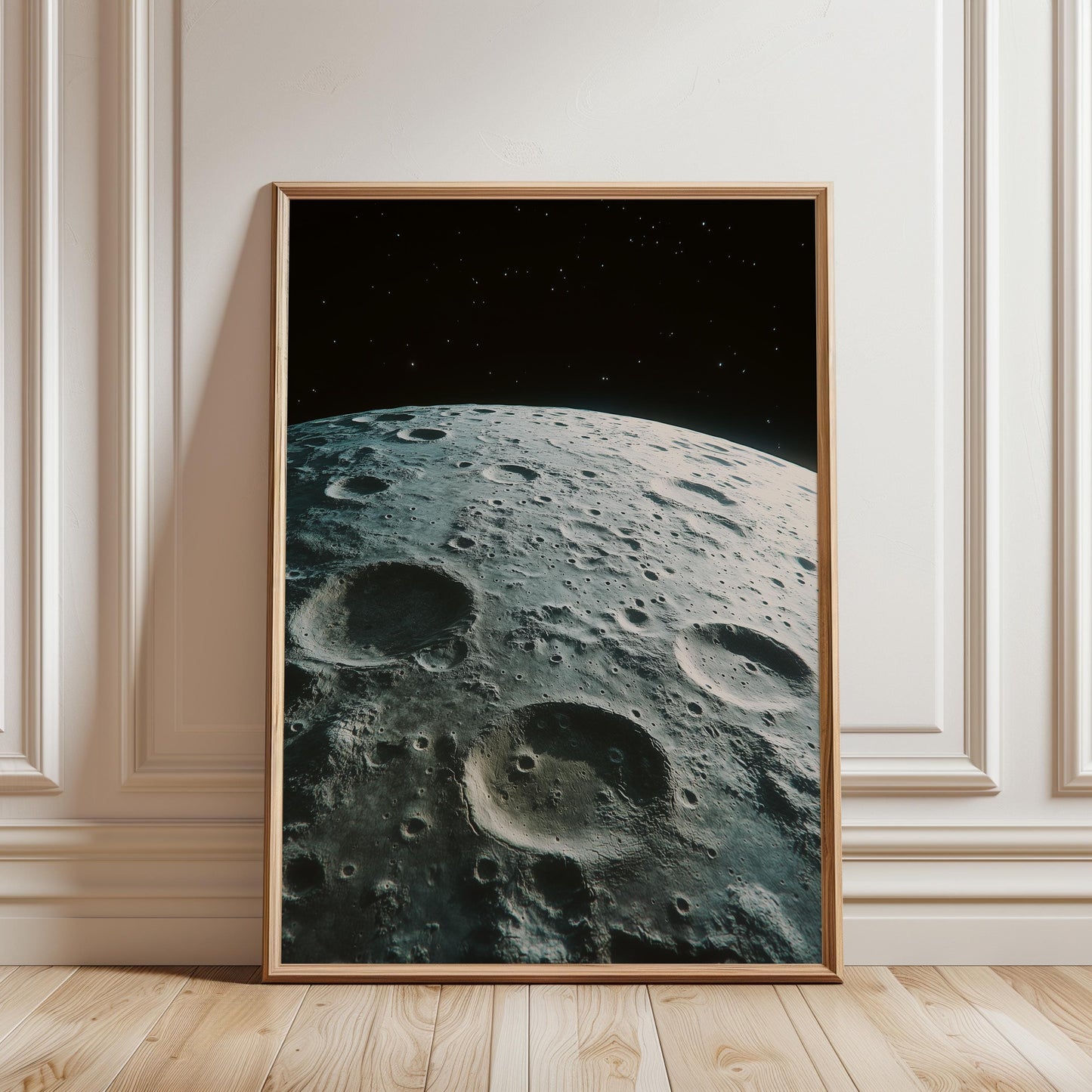 Moon Wall Art Print – Black and White Lunar Photo with Vintage NASA Art
