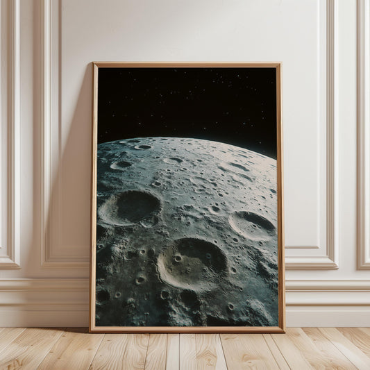 Moon Wall Art Print – Black and White Lunar Photo with Vintage NASA Art
