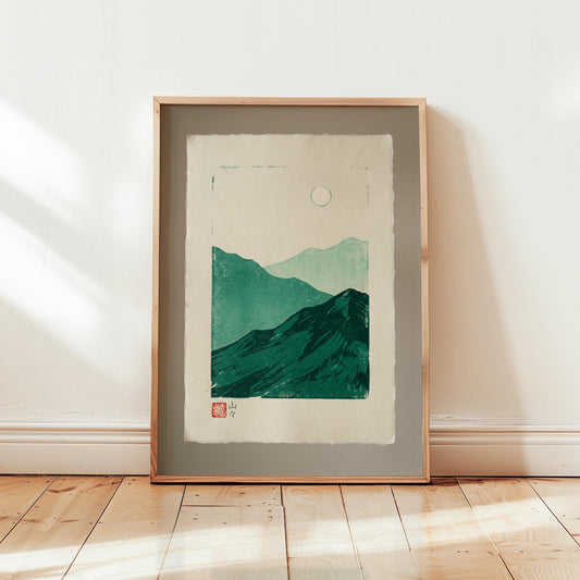 Japanese Woodblock Print – Mountain Landscape Art | Teal Green Minimalist Poster