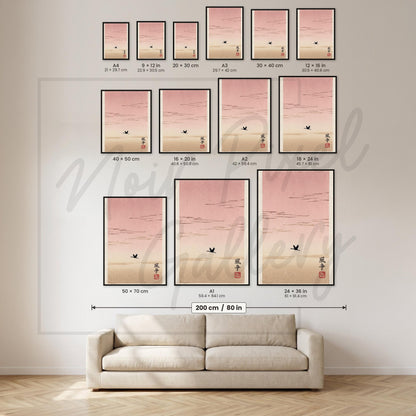 Bird Silhouette Poster - Japanese Art Print | Minimalist Pink Sky Wall Art