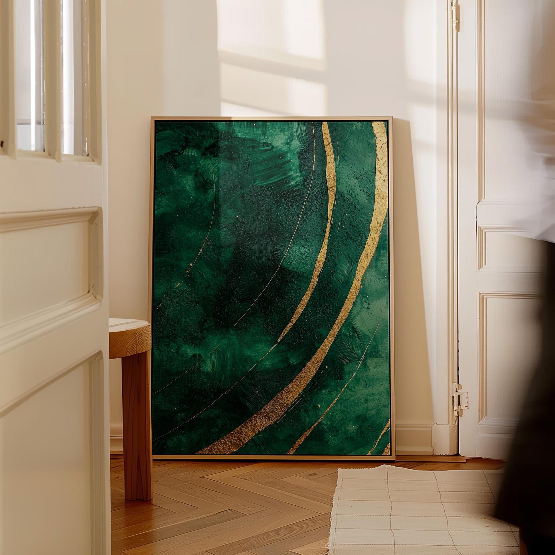 Emerald Green and Gold Wave Canvas Print, Abstract Giclée Textured Wall Art for Living Room or Luxury Interior