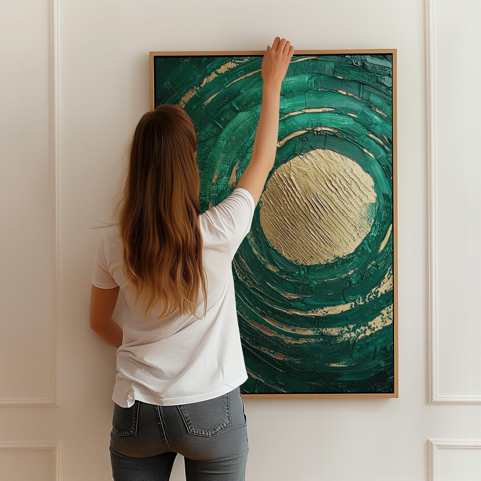 Emerald Green Textured Circle Giclée Canvas Print Modern Abstract Wall Art for Living Room or Bedroom