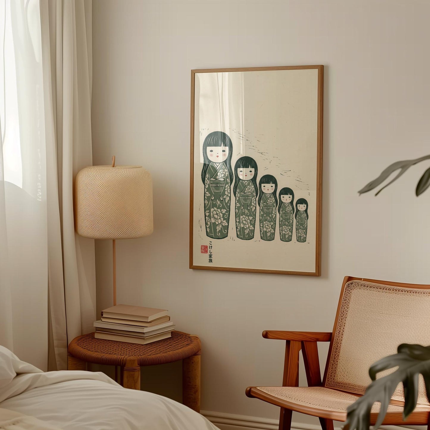 Japanese Folk Art Print | Vintage Japanese Print with Floral Kimono Pattern & Kokeshi Dolls