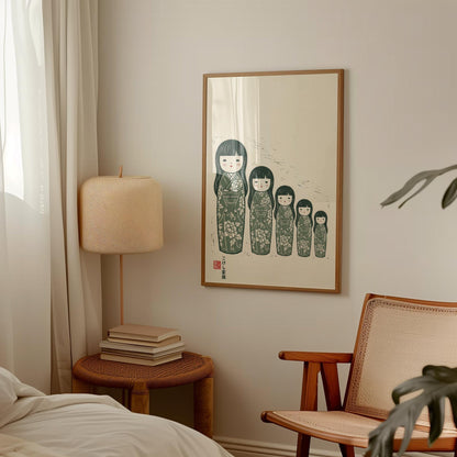 Japanese Folk Art Print | Vintage Japanese Print with Floral Kimono Pattern & Kokeshi Dolls