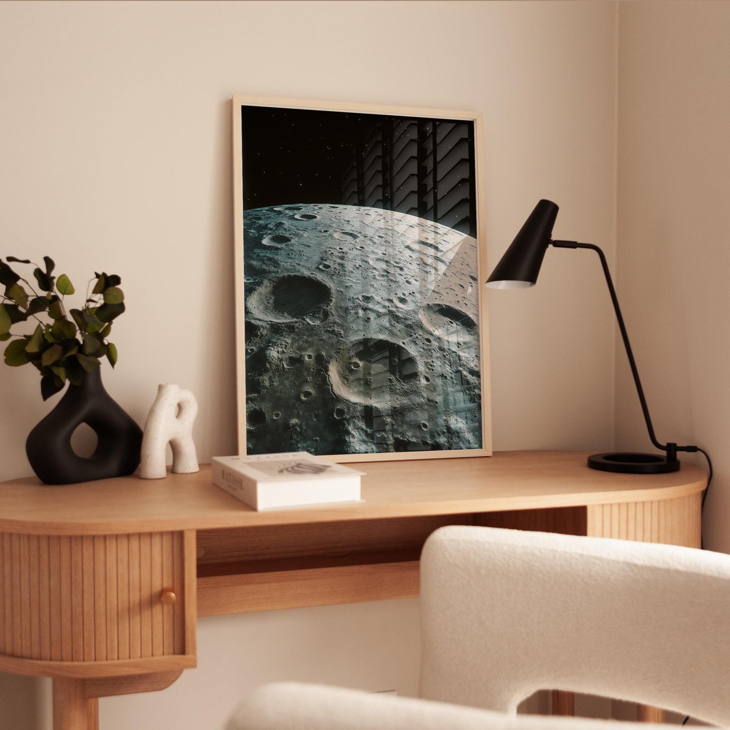 Moon Wall Art Print – Black and White Lunar Photo with Vintage NASA Art
