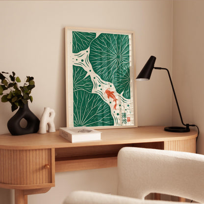 Koi Fish Print - Japanese Wall Art | Linocut Poster & Lotus Leaf Decor