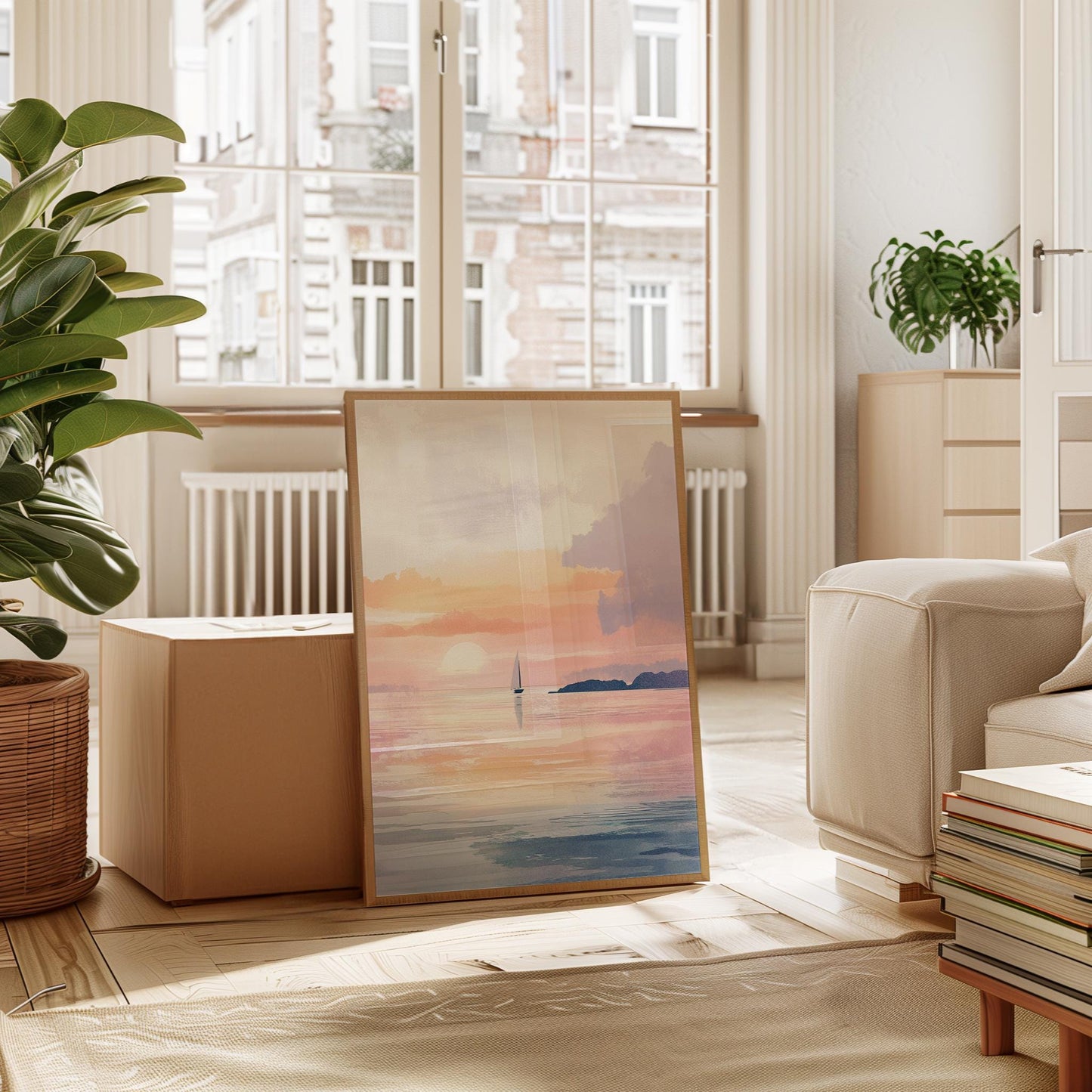 Sunset Sailboat Print – Pastel Seascape Art | Unframed Giclée Wall Decor