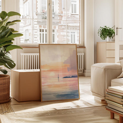 Sunset Sailboat Print – Pastel Seascape Art | Unframed Giclée Wall Decor