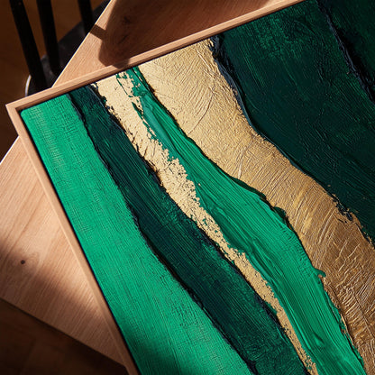 Emerald Green and Gold River Flow Canvas Print, Abstract Textured Giclée Wall Art for Modern Living Room or Bedroom