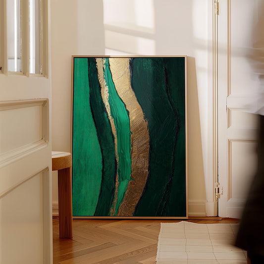 Emerald Green and Gold River Flow Canvas Print, Abstract Textured Giclée Wall Art for Modern Living Room or Bedroom