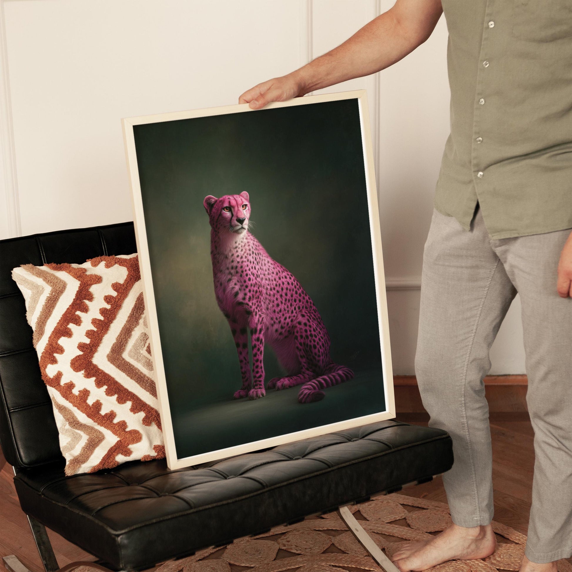 Pink Cheetah Emerald Green Art Print Contemporary Animal Artwork for Modern Maximalist Home Dark Green Framed Wall Art