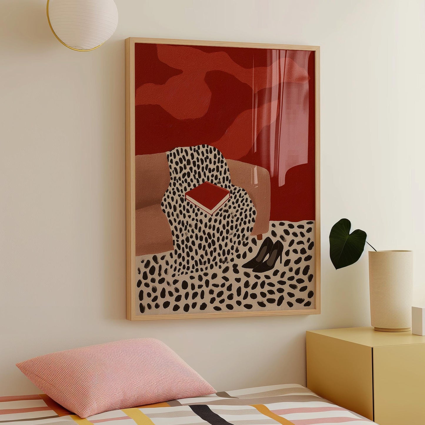 a bedroom with a large framed artwork hanging on the wall, depicting a leopard print chair and a pair of high heels.