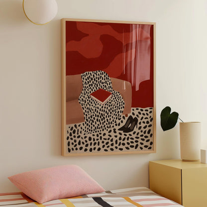 a bedroom with a large framed artwork hanging on the wall, depicting a leopard print chair and a pair of high heels.