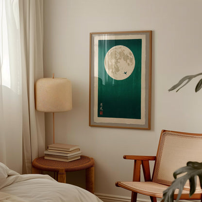Japanese Moon Art Print – Teal Wall Art with Minimalist Bird Silhouette