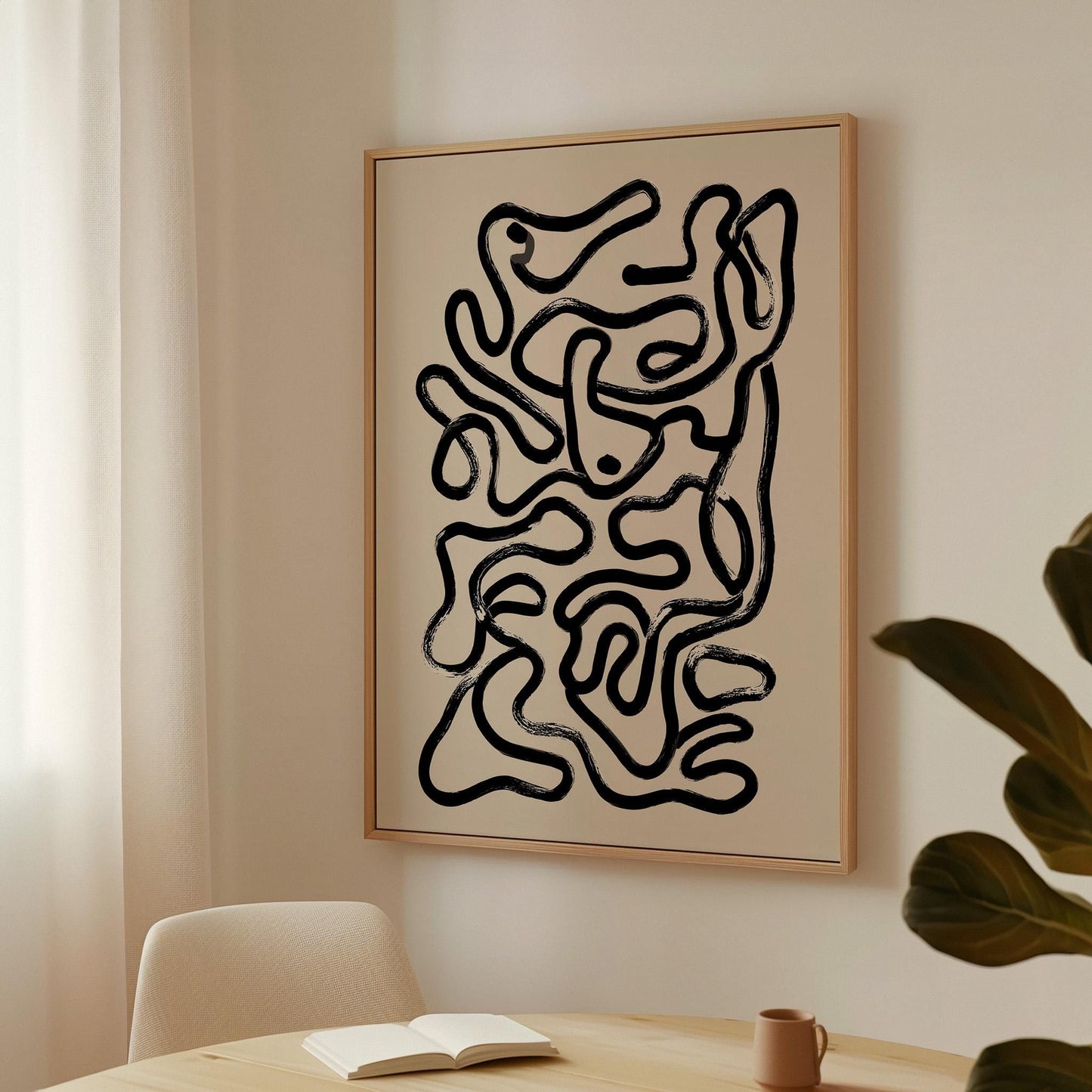 Minimalist Canvas Art – Black and White Abstract Line Art Print with Floating Frame