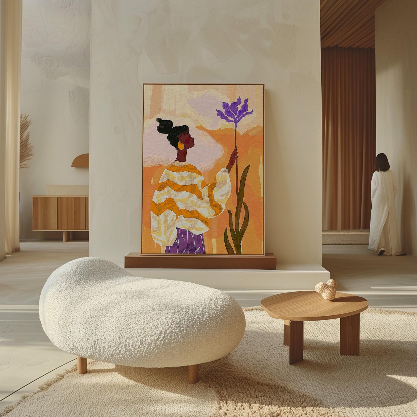 Colorful Woman with Flower Wall Art Print Modern Abstract Canvas Orange Purple Large Living Room Bedroom Decor