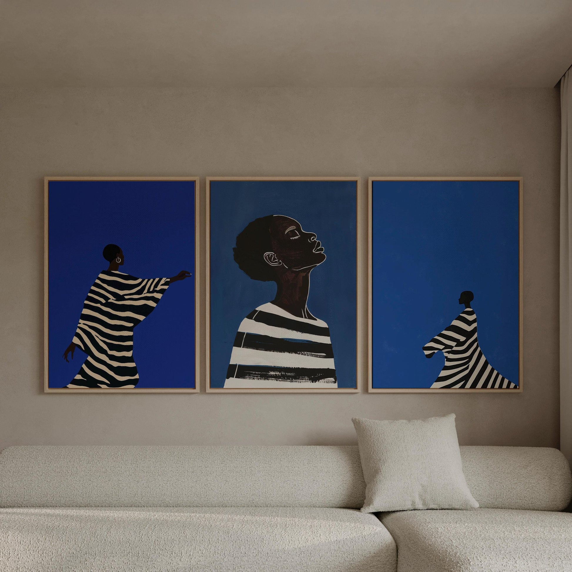Electric Blue Women Canvas Print Set: Modern Abstract Figurative Art
