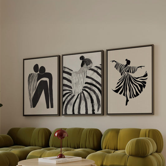 Black and White Women Canvas Floating Frame Set: Modern Abstract Figurative Art