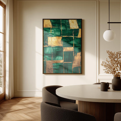 Emerald Green and Gold Abstract Canvas Print, Modern Giclée Wall Art for Dining Room or Elegant Living Space