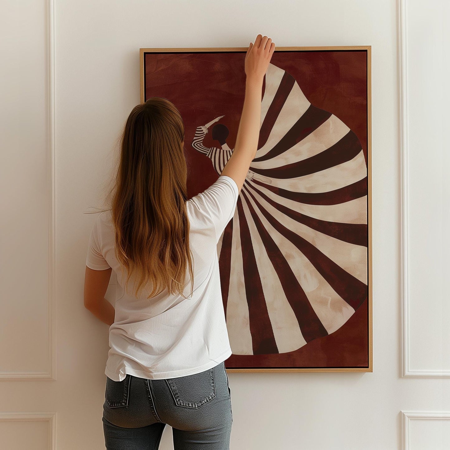 Abstract Woman Art Print – Modern Wall Decor | Striped Dress Canvas with Emerald Tones