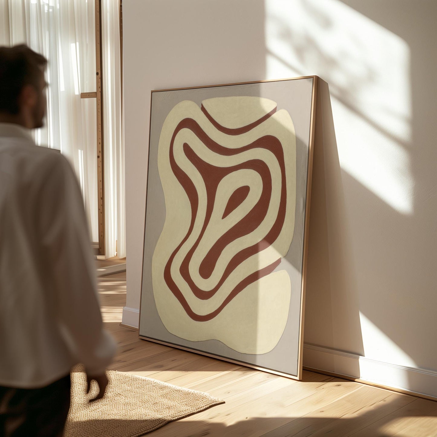 Giclée Canvas Print Abstract Brown Lines Minimalist Neutral Modern Wall Art Organic Shape Painting for Living Room or Office