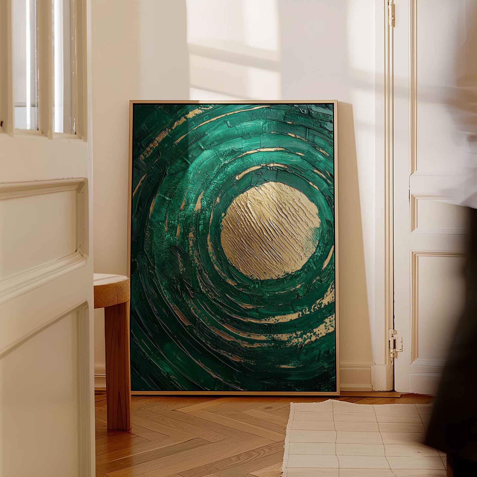Emerald Green Textured Circle Giclée Canvas Print Modern Abstract Wall Art for Living Room or Bedroom